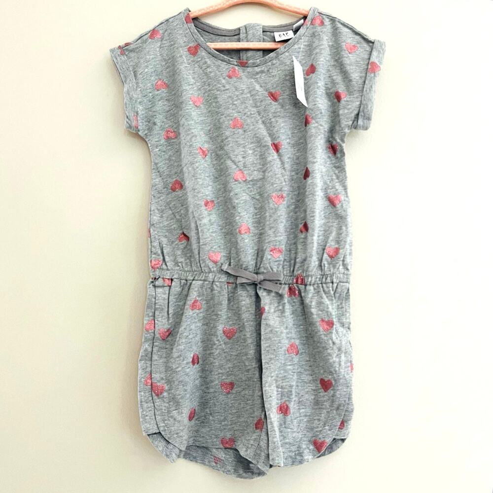NTW GAP Girls Romper Shorts Gray Rose Gold Heart Size S (6-7) Cotton Zipper Bow